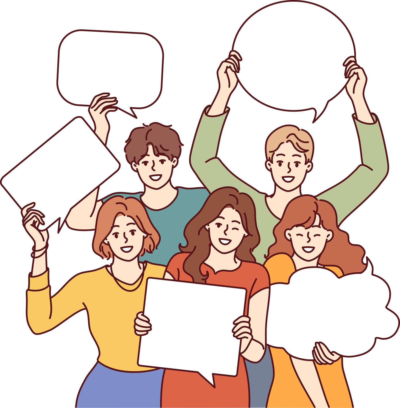 People with speech bubbles in hands are invited to visit conversation club and exchange opinions